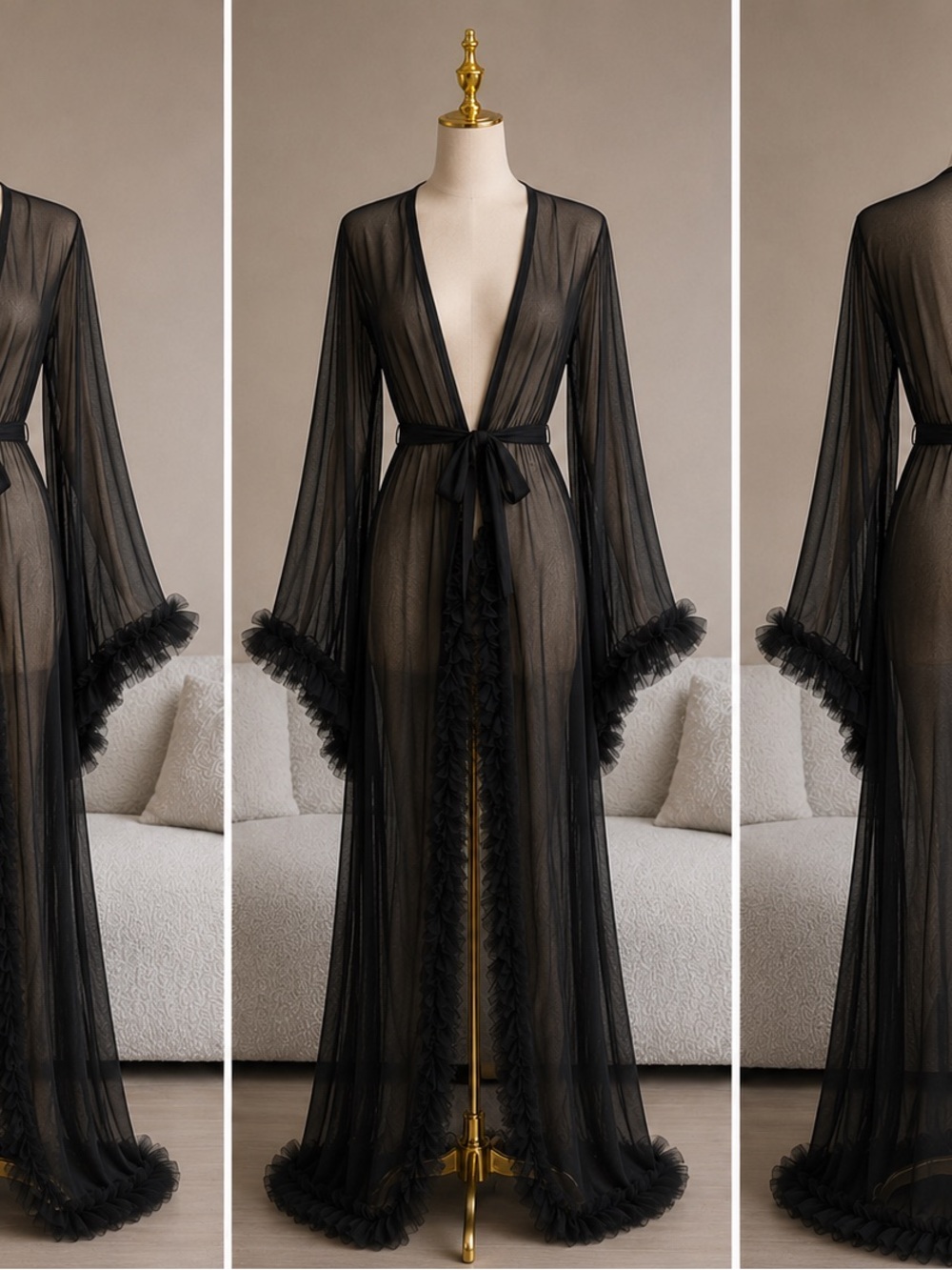 Sheer Black Ruffle Trim Long Mesh Robe - Women's Intimates